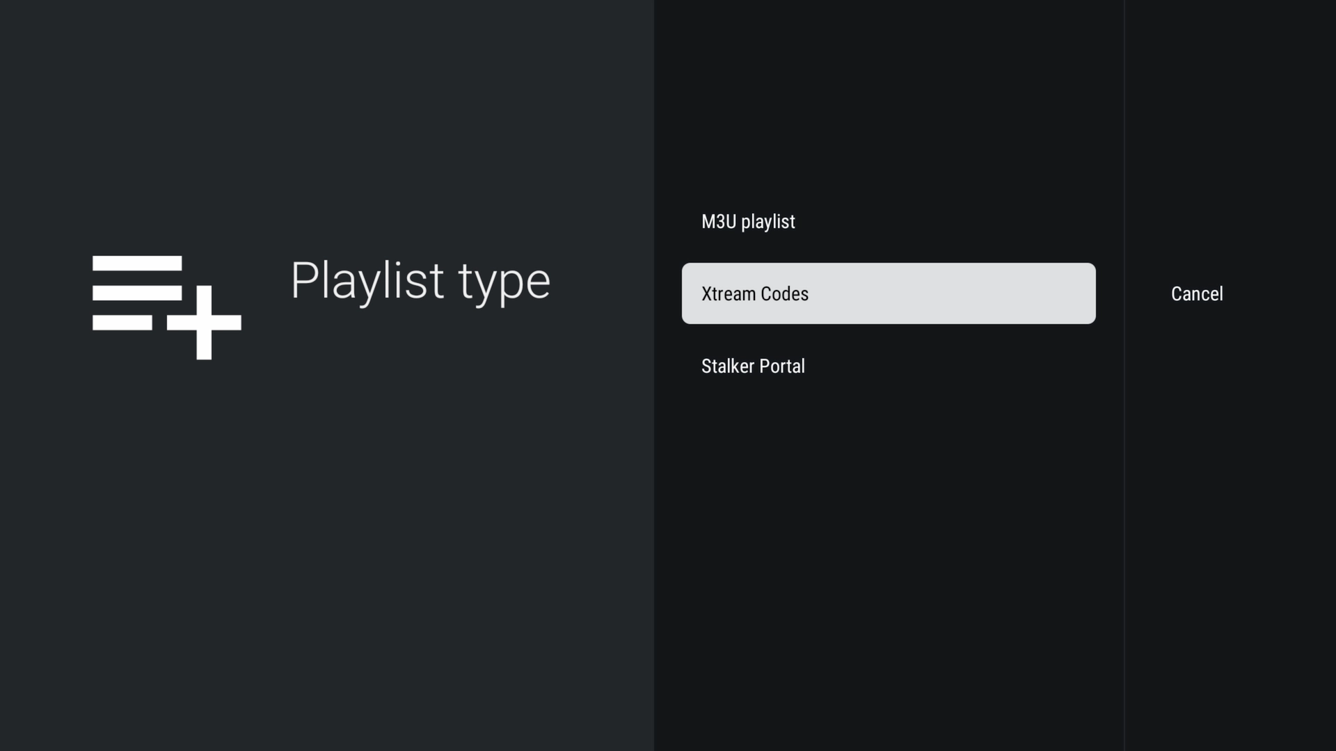 Xtream Codes option highlighted in TiviMate IPTV Player